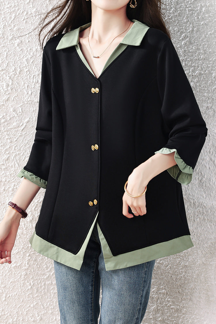 Chic Colorblock Collared Long Sleeve Shirt - liwisi