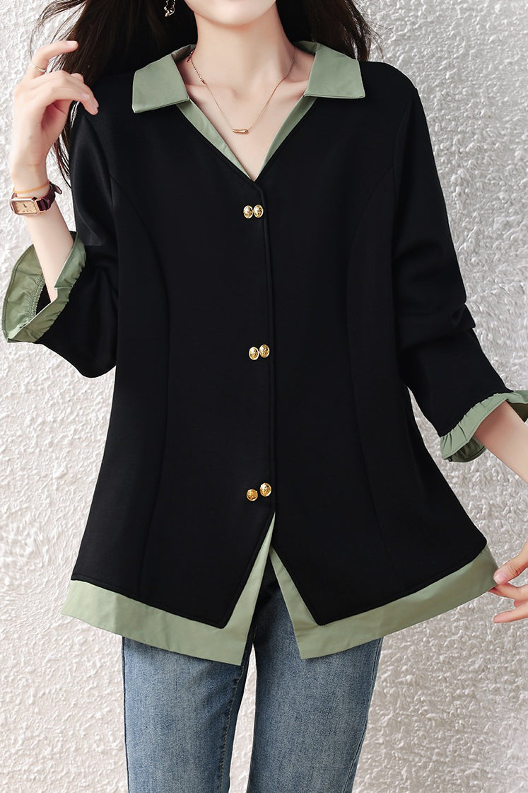 Chic Colorblock Collared Long Sleeve Shirt - liwisi