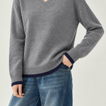 Casual Colorblock Collared V-Neck Long Sleeve Knit Sweater - liwisi