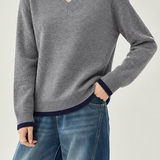 Casual Colorblock Collared V-Neck Long Sleeve Knit Sweater - liwisi