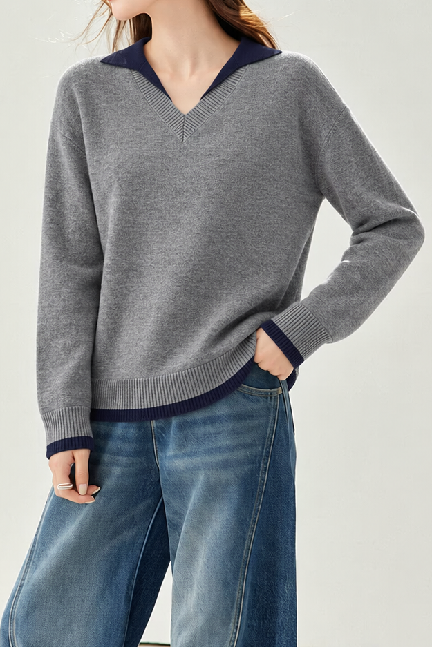 Casual Colorblock Collared V-Neck Long Sleeve Knit Sweater - liwisi