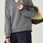 Casual Colorblock Collared V-Neck Long Sleeve Knit Sweater - liwisi