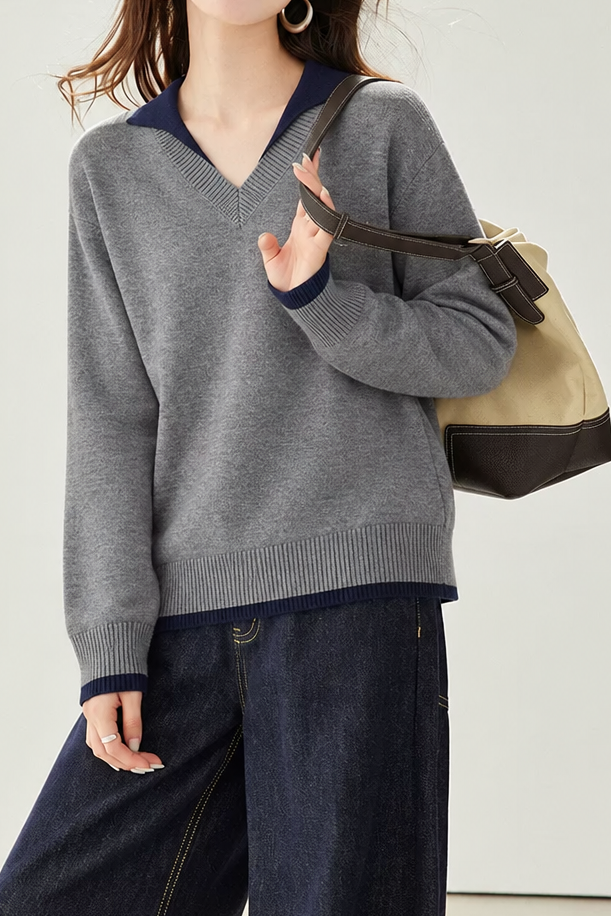 Casual Colorblock Collared V-Neck Long Sleeve Knit Sweater - liwisi