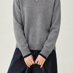 Casual Colorblock Collared V-Neck Long Sleeve Knit Sweater - liwisi