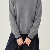 Casual Colorblock Collared V-Neck Long Sleeve Knit Sweater - liwisi