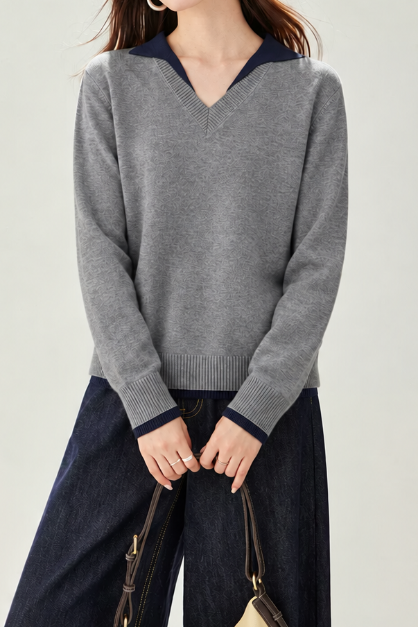 Casual Colorblock Collared V-Neck Long Sleeve Knit Sweater - liwisi