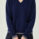 Casual Colorblock Collared V-Neck Long Sleeve Knit Sweater - liwisi
