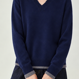 Casual Colorblock Collared V-Neck Long Sleeve Knit Sweater - liwisi