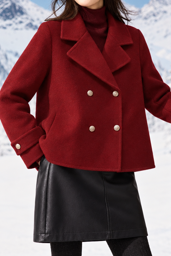 Chic Cropped Double-Faced Wool Coat with Lapel Collar - liwisi