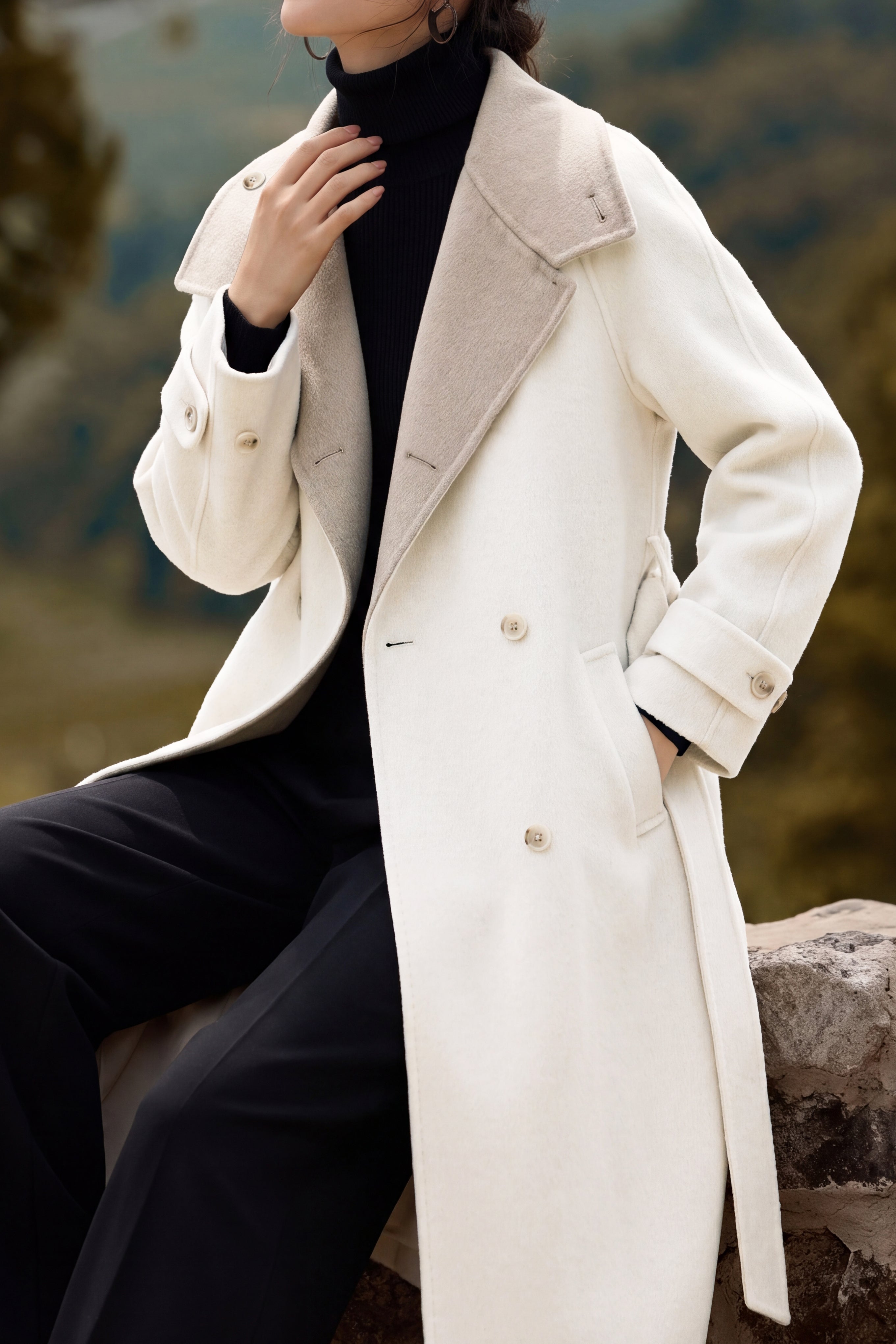 Chic Colorblock Oversized Lapel Long Wool Blend Coat - liwisi