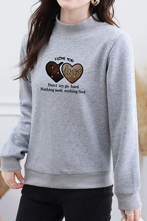Casual Mock Neck Heart Letter Print Sweatshirt - liwisi