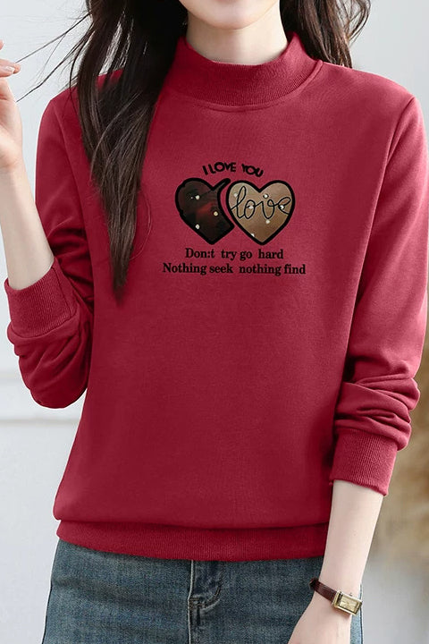 Casual Mock Neck Heart Letter Print Sweatshirt - liwisi