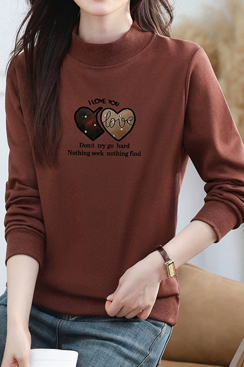 Casual Mock Neck Heart Letter Print Sweatshirt - liwisi