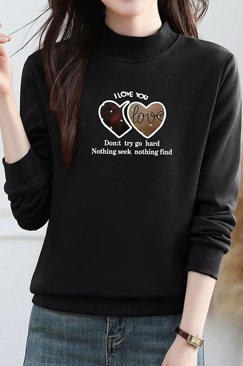 Casual Mock Neck Heart Letter Print Sweatshirt - liwisi