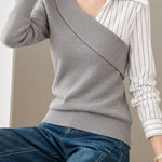 Chic Striped Panel Collared Layered Look Knit Sweater - liwisi