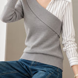 Chic Striped Panel Collared Layered Look Knit Sweater - liwisi