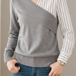 Chic Striped Panel Collared Layered Look Knit Sweater - liwisi