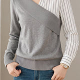 Chic Striped Panel Collared Layered Look Knit Sweater - liwisi