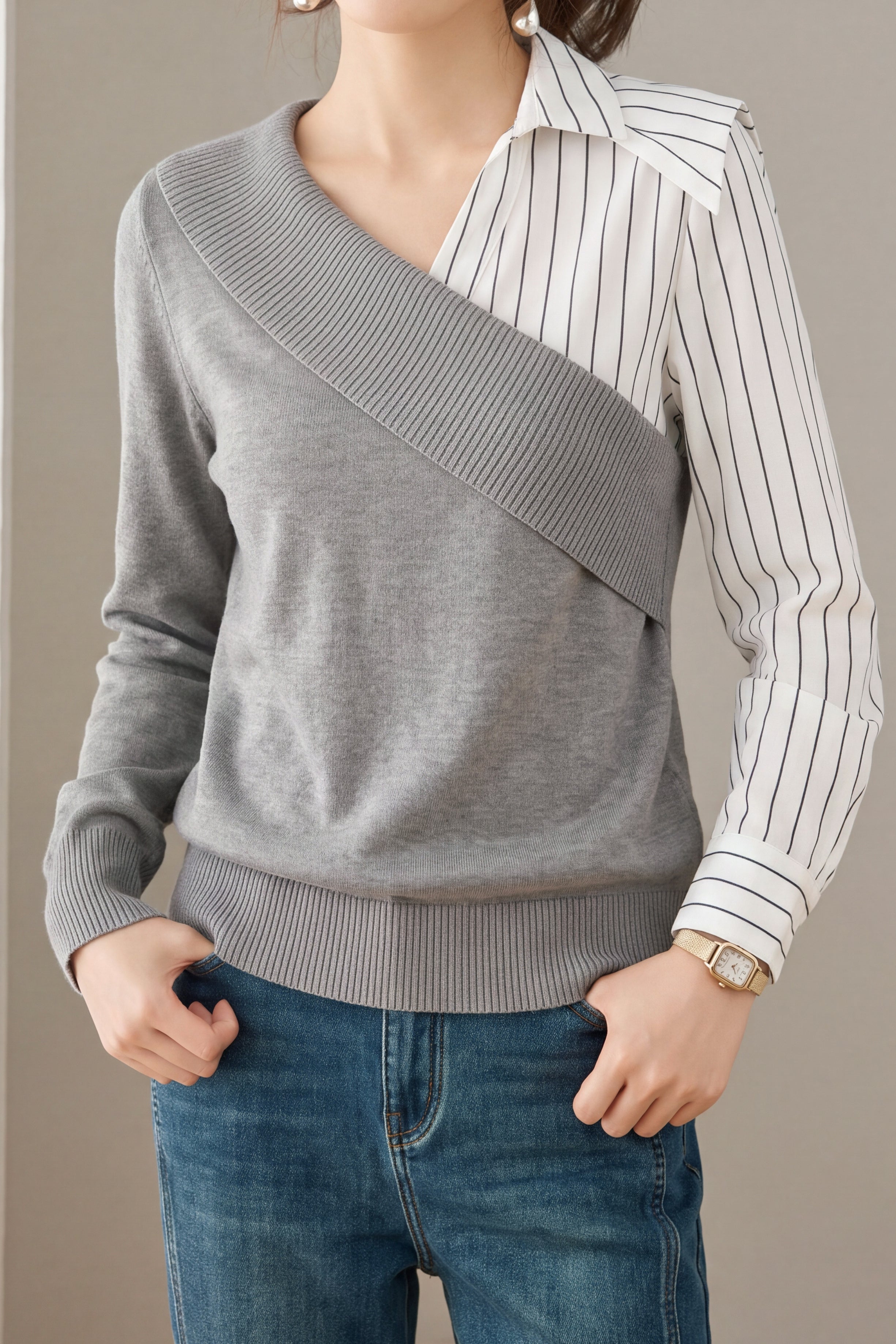 Chic Striped Panel Collared Layered Look Knit Sweater - liwisi