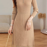 Chic V-Neck Ribbed Knit Dress with Lace Panels - liwisi