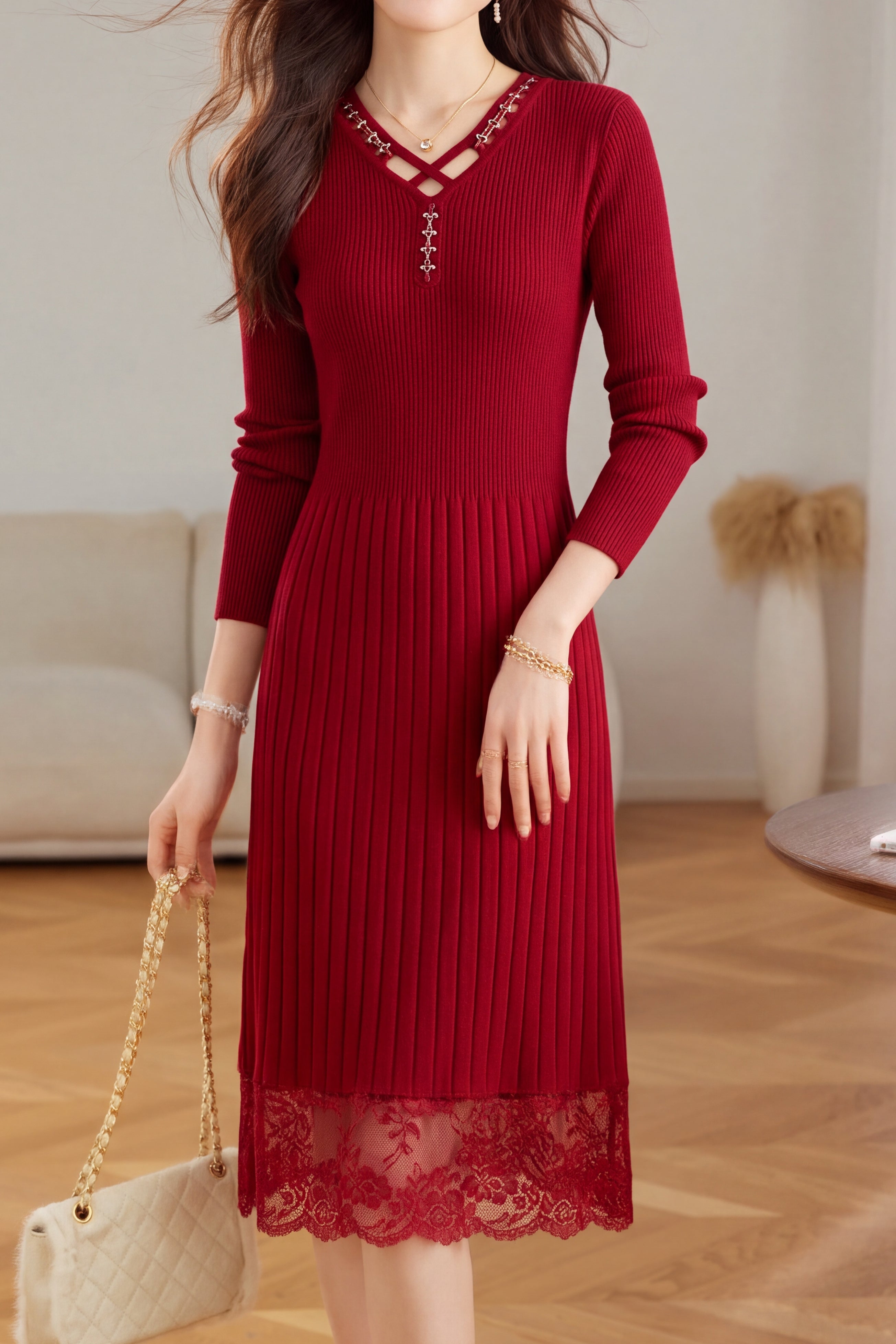 Chic V-Neck Ribbed Knit Dress with Lace Panels - liwisi