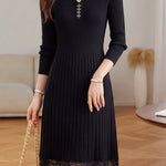 Chic V-Neck Ribbed Knit Dress with Lace Panels - liwisi