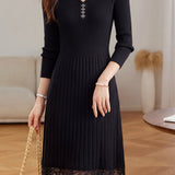 Chic V-Neck Ribbed Knit Dress with Lace Panels - liwisi
