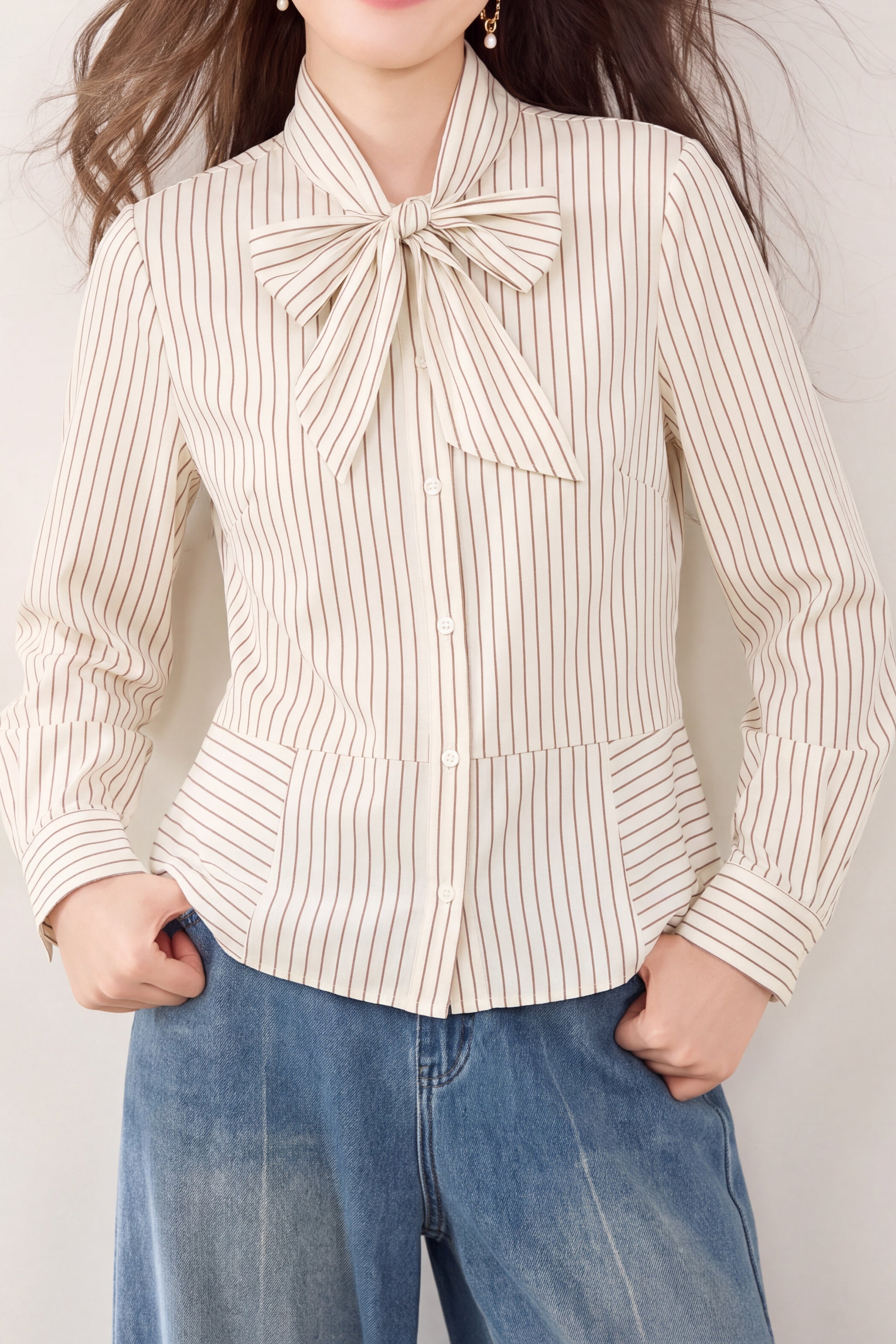 Chic Long Sleeve Blouse with Bow Tie Neck - liwisi