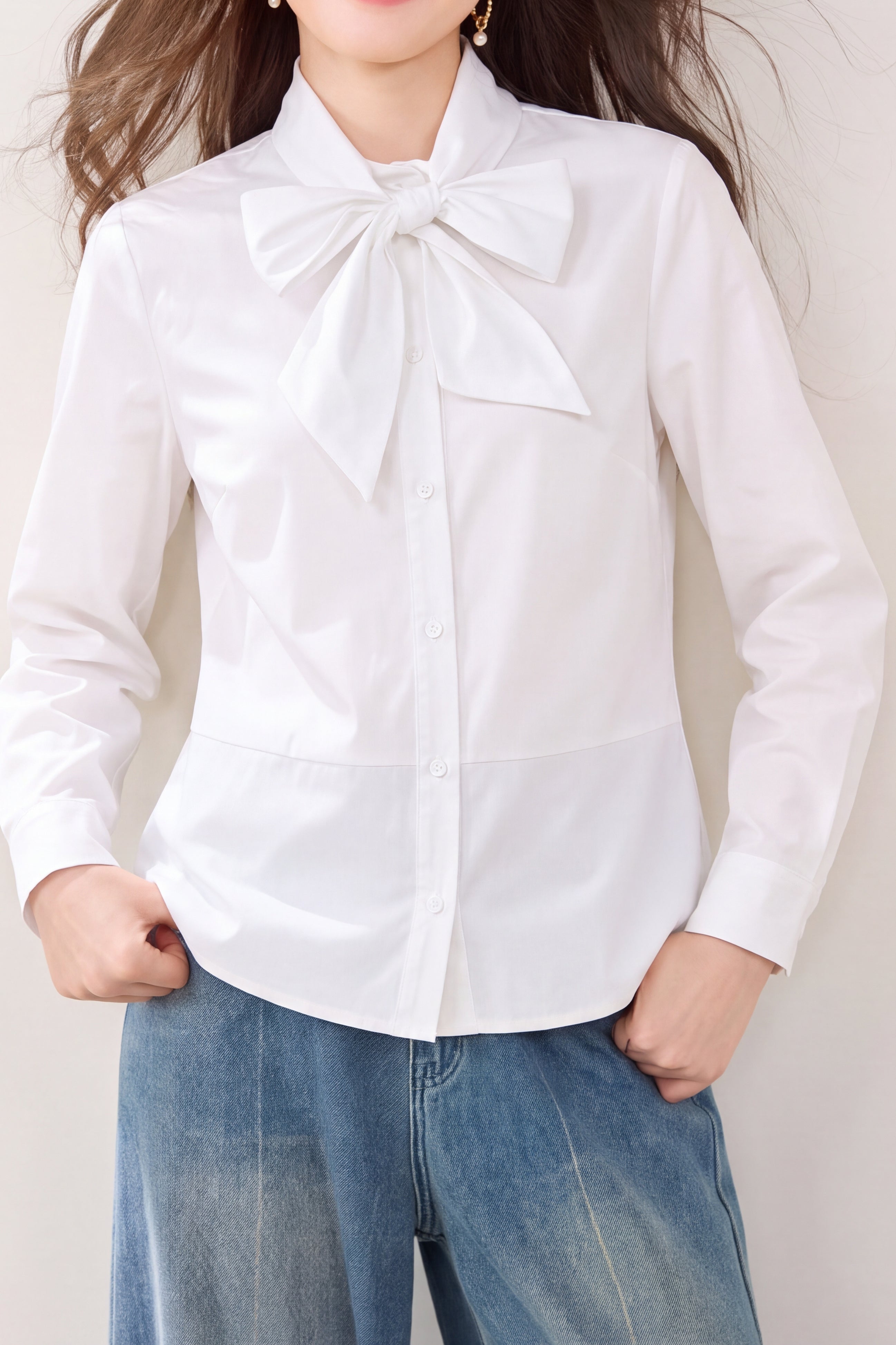 Chic Long Sleeve Blouse with Bow Tie Neck - liwisi