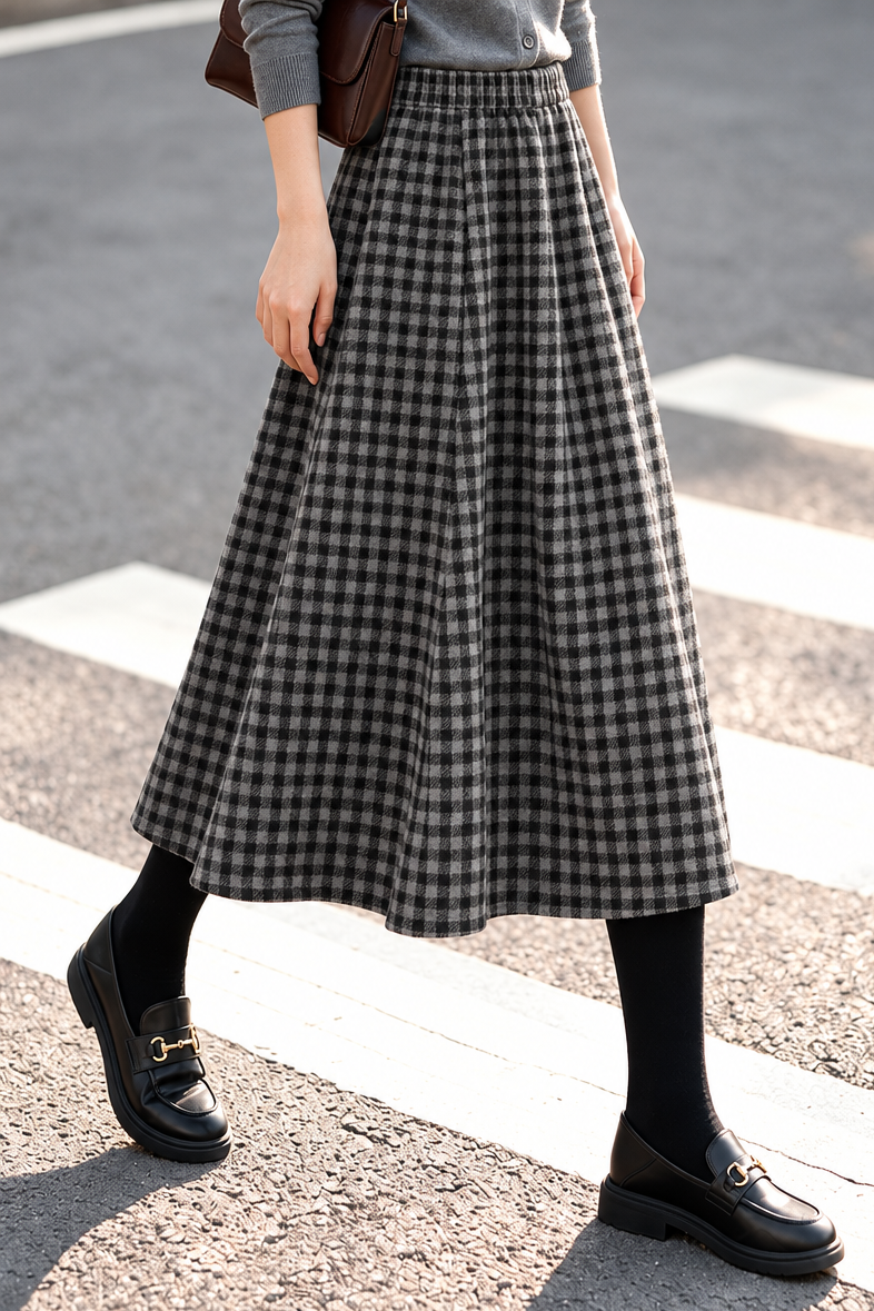 Vintage High Waist Plaid Midi Skirt - liwisi