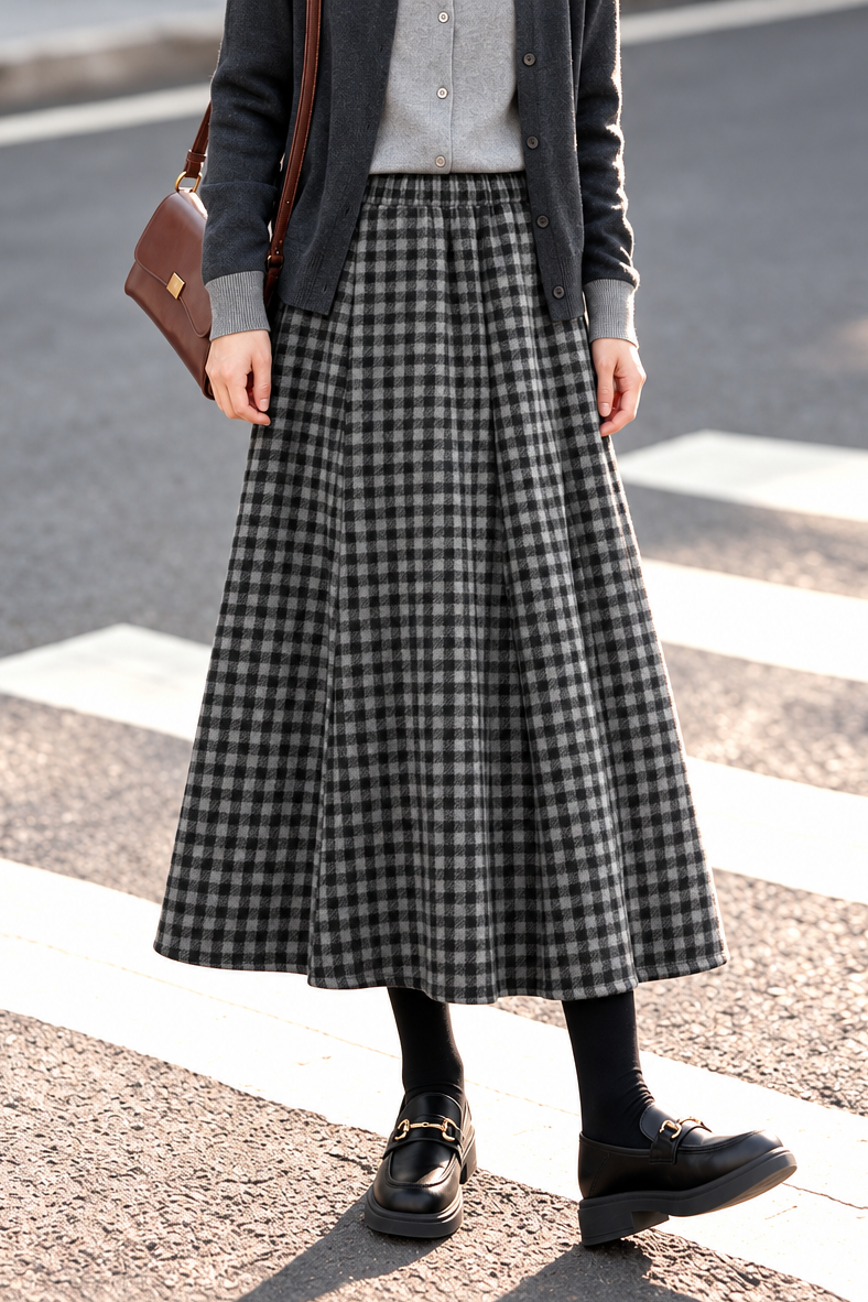 Vintage High Waist Plaid Midi Skirt - liwisi