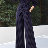 Chic Vertical Striped Wrap Top and Pants Set - liwisi