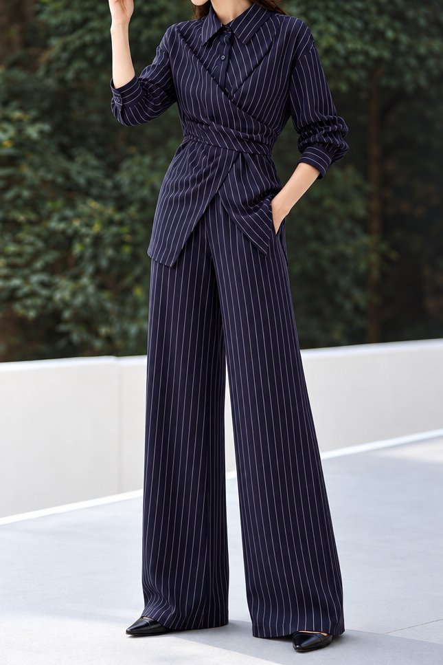Chic Vertical Striped Wrap Top and Pants Set - liwisi