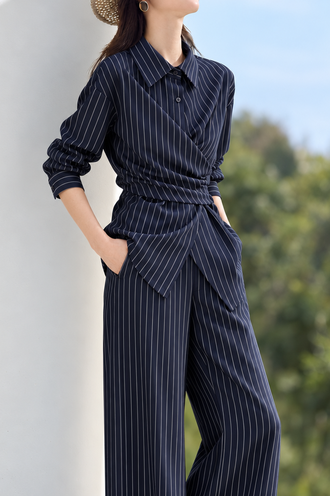 Chic Vertical Striped Wrap Top and Pants Set - liwisi