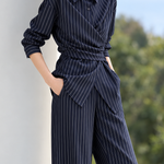 Chic Vertical Striped Wrap Top and Pants Set - liwisi