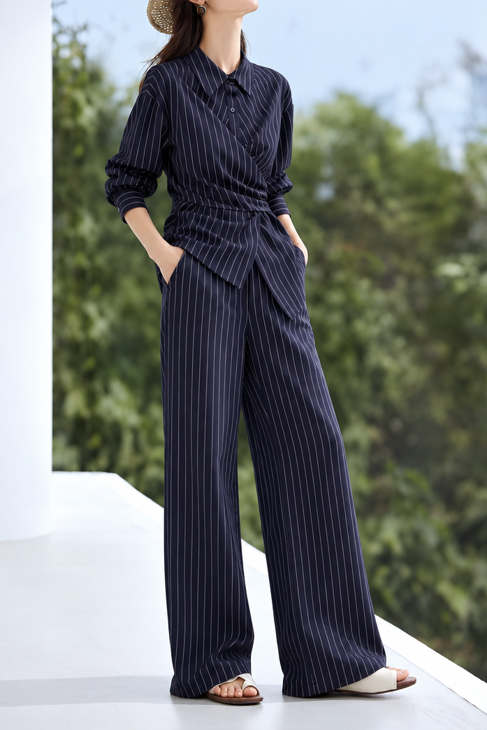 Chic Vertical Striped Wrap Top and Pants Set - liwisi