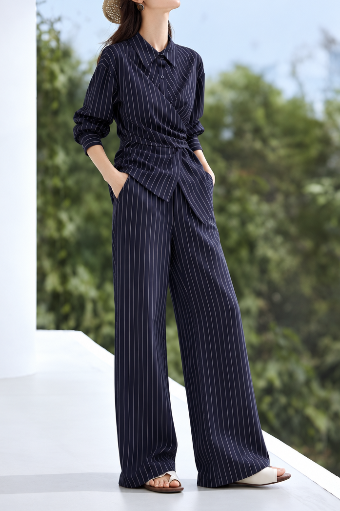 Chic Vertical Striped Wrap Top and Pants Set - liwisi