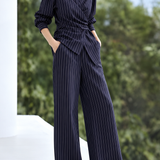 Chic Vertical Striped Wrap Top and Pants Set - liwisi