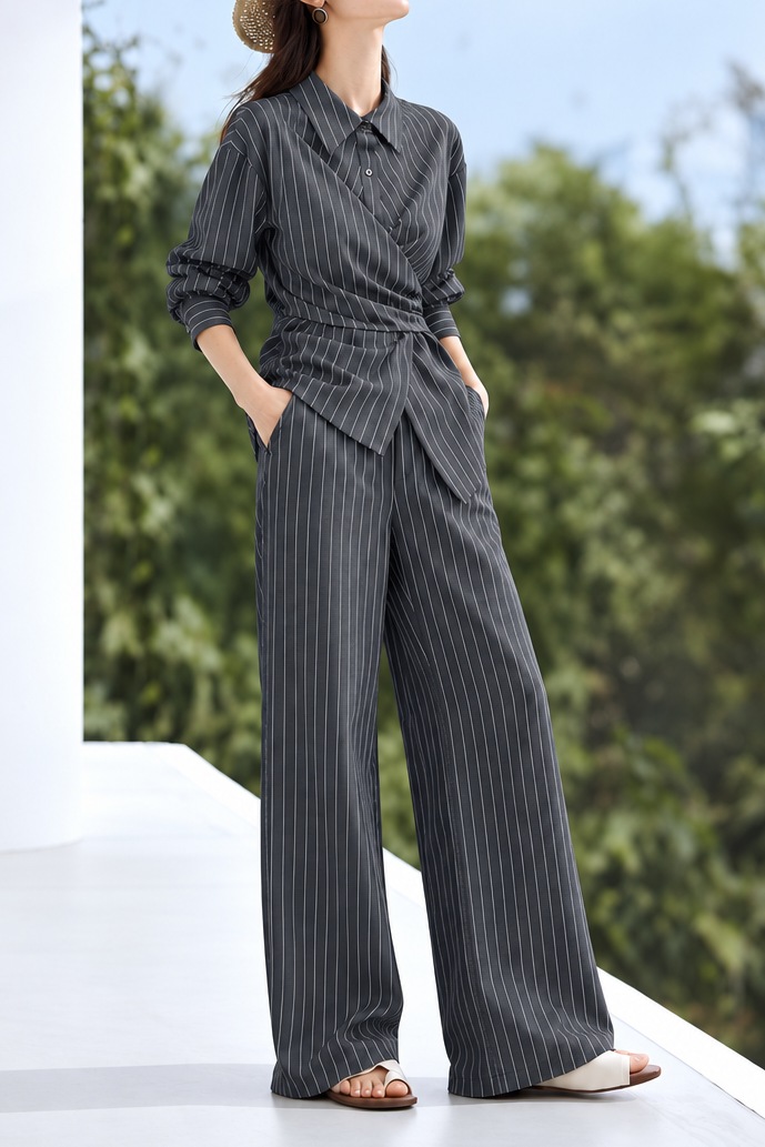 Chic Vertical Striped Wrap Top and Pants Set - liwisi