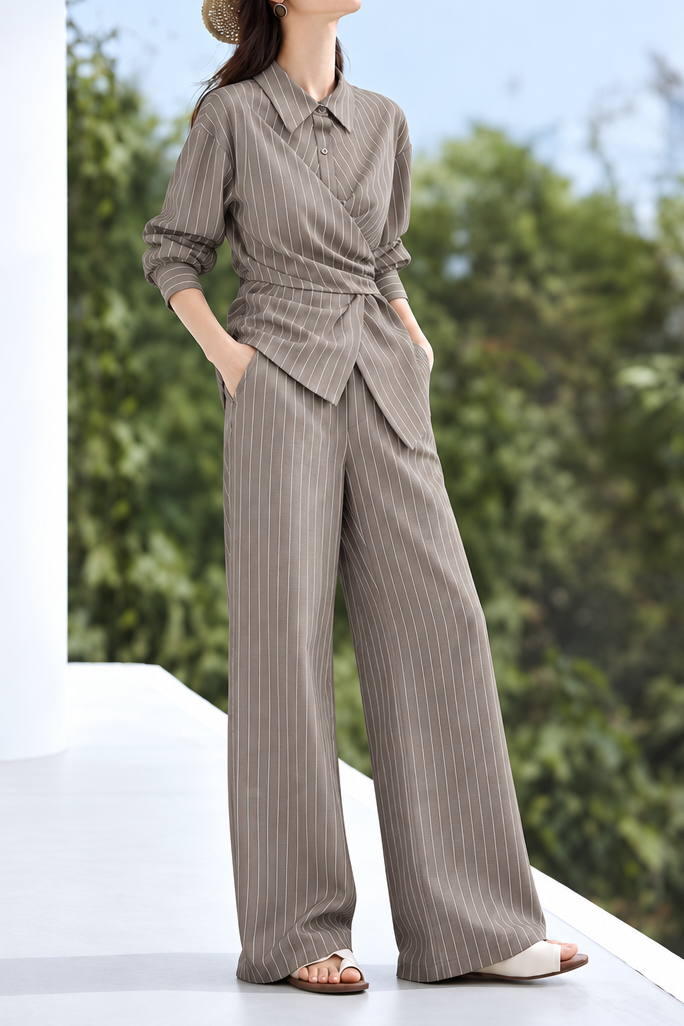 Chic Vertical Striped Wrap Top and Pants Set - liwisi