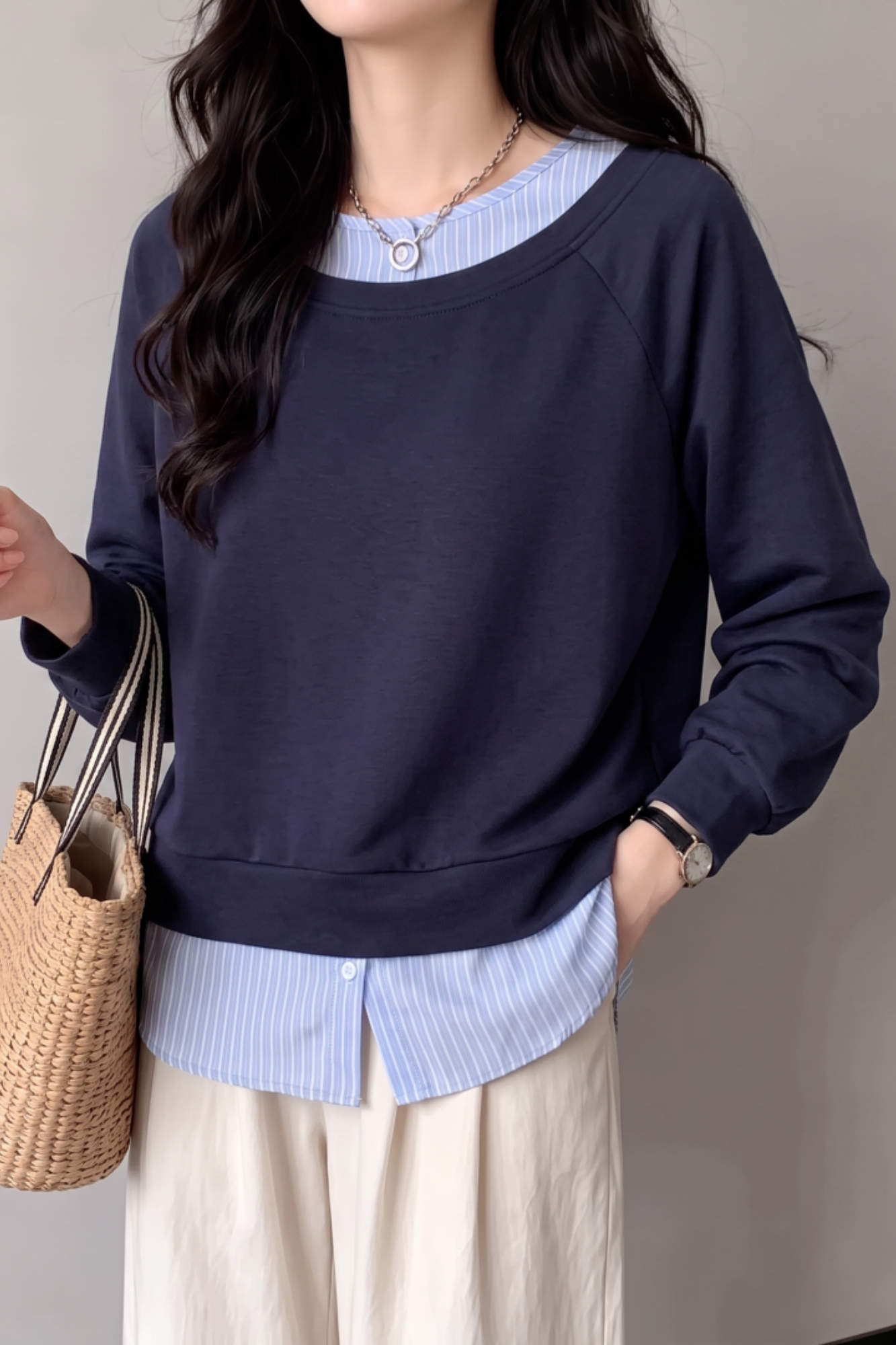 Casual Layered Look Striped Sweatshirt with Balloon Sleeves - liwisi