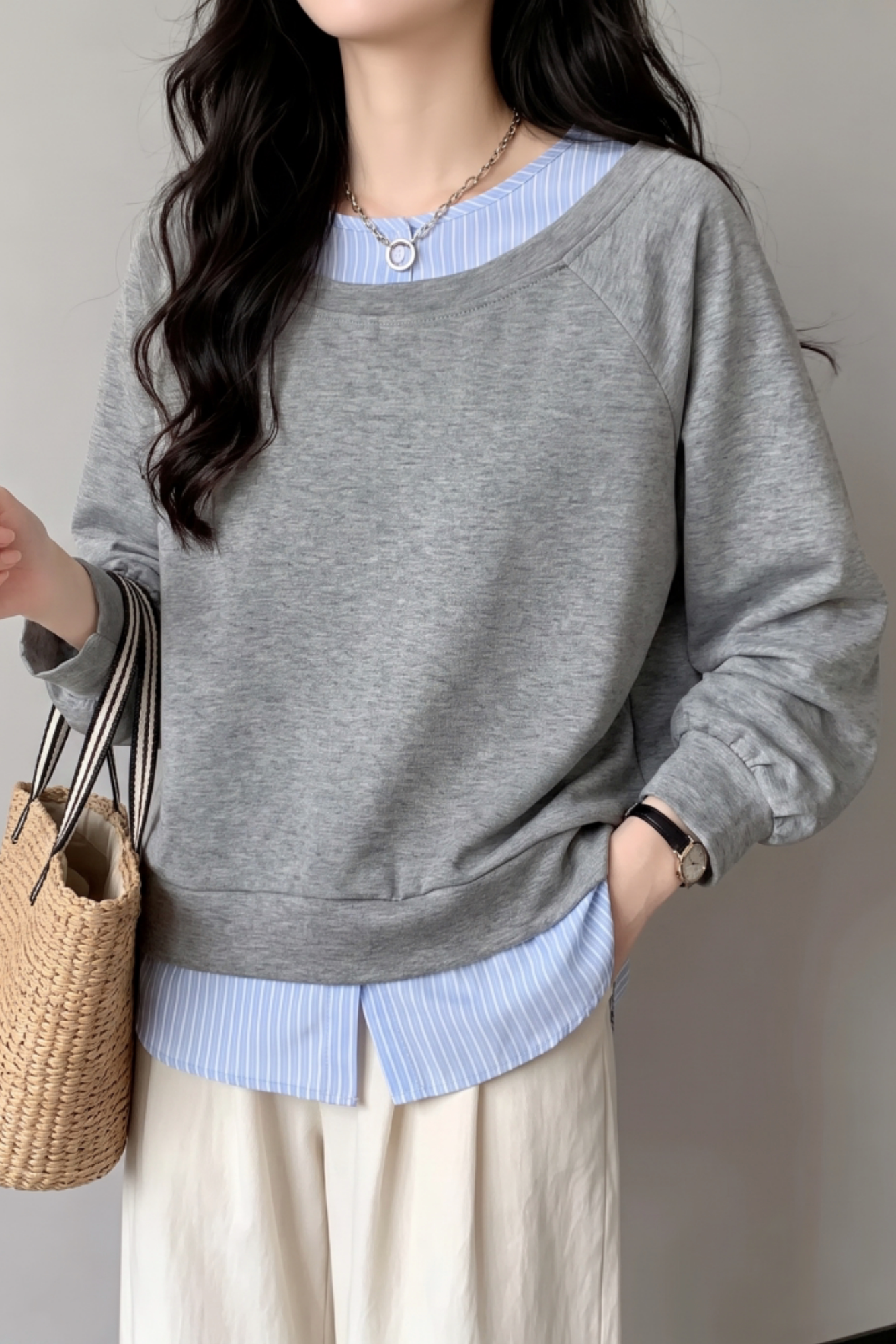 Casual Layered Look Striped Sweatshirt with Balloon Sleeves - liwisi