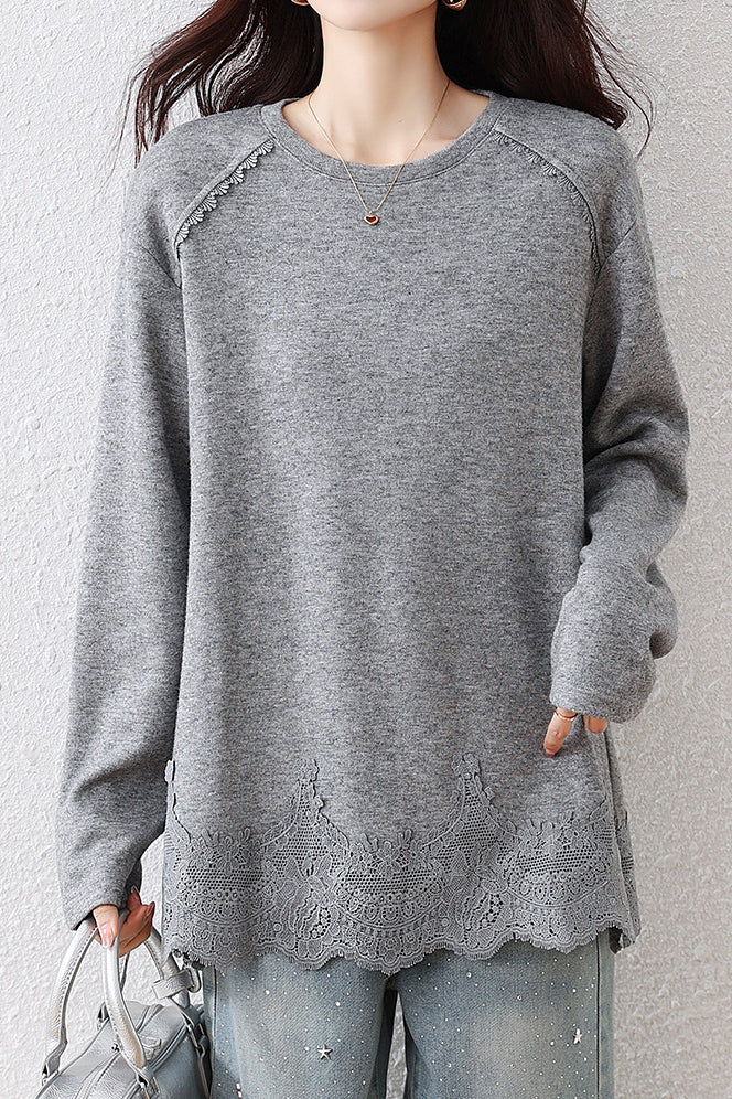 Casual Sweatshirt with Lace Panel Hem and Raw Edges - liwisi