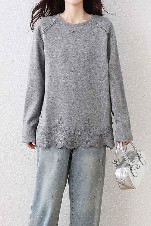 Casual Sweatshirt with Lace Panel Hem and Raw Edges - liwisi