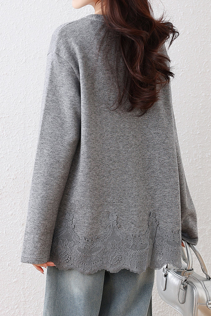Casual Sweatshirt with Lace Panel Hem and Raw Edges - liwisi