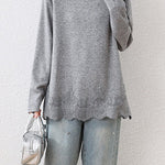 Casual Sweatshirt with Lace Panel Hem and Raw Edges - liwisi