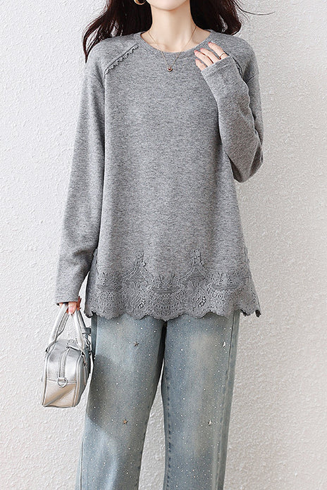 Casual Sweatshirt with Lace Panel Hem and Raw Edges - liwisi