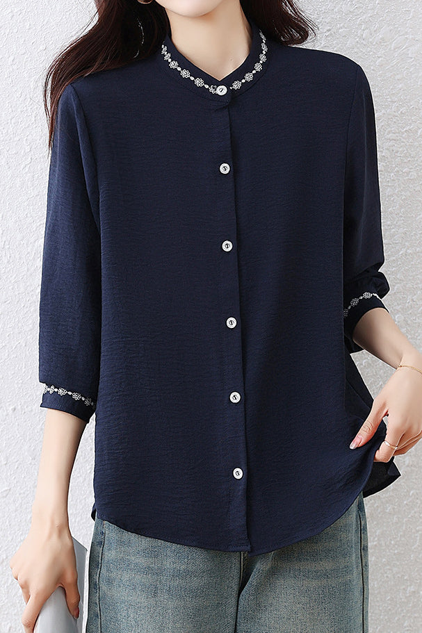 Casual Stand Collar Blouse with Floral Embroidery and Ruffle Trim - liwisi