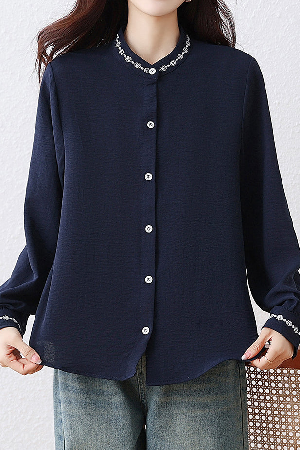 Casual Stand Collar Blouse with Floral Embroidery and Ruffle Trim - liwisi