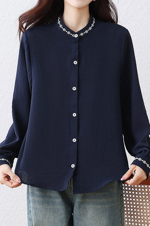 Casual Stand Collar Blouse with Floral Embroidery and Ruffle Trim - liwisi